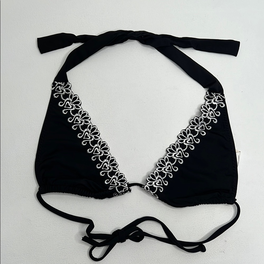 Becca black triangle bikini white heart lace detail size XS